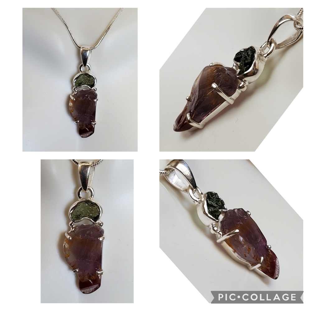 Genuine Czech Moldavite & Cacoxenite Pendant Necklace - Picture 3 of 6